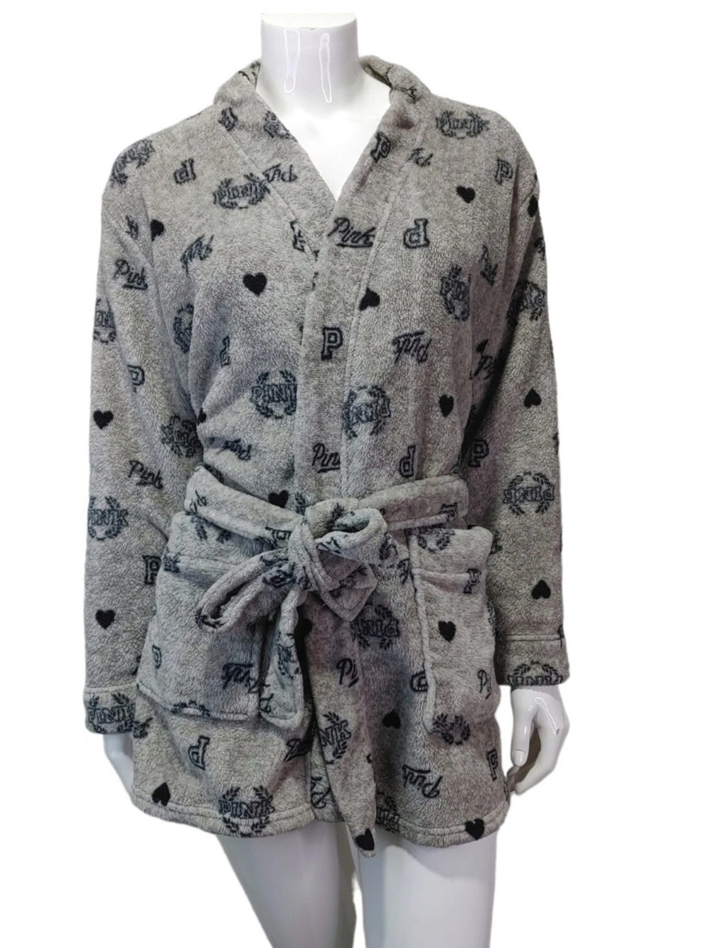 PINK By Victoria's Secret Logo Plush Short Robe Womens XS/S Gray Tie Front Cozy